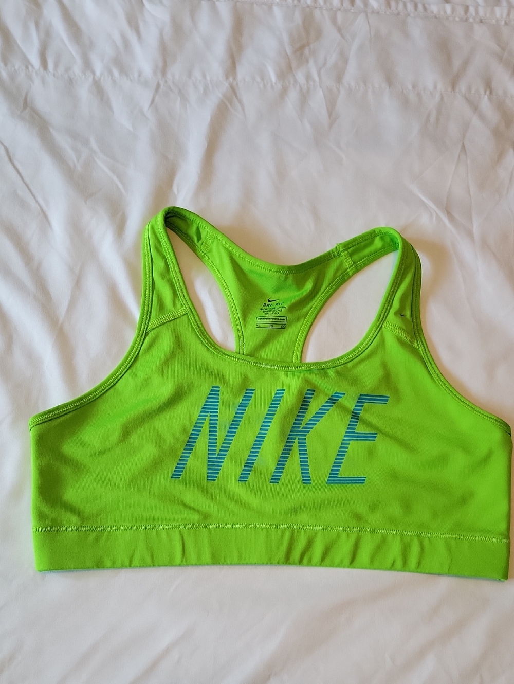 Nike Women’s Neon Lime Racerback Sports Bra with Blue Logo
